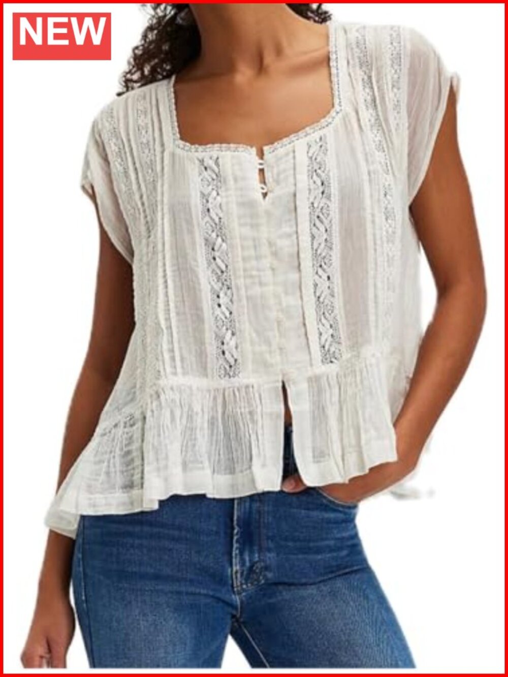 Tie Front Ruffle Boho Top Flowy Sheer Lace Babydoll Blouse